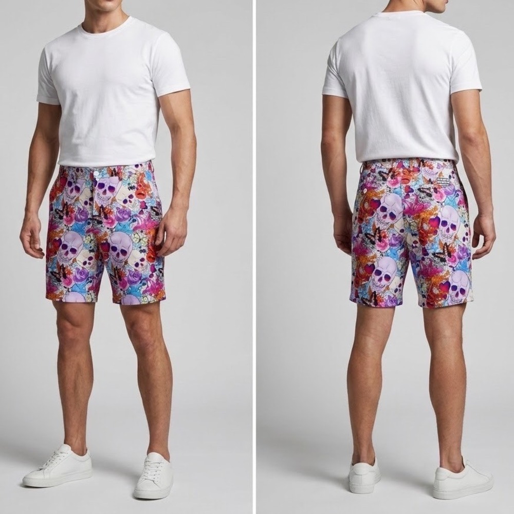 Hreski Mens Golf Shorts Size 36 Skull Dragon Floral Graphic Print Performance